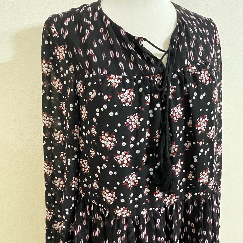 SEE U SOON Black Floral Printed Georgette Babydoll Boho Long Sleeve Dress Small
